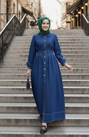Kadın Beli Büzgülü Düğmeli Koyu Kot Mavi Elbise 