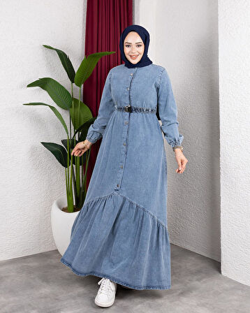 Kadın Düğmeli Kuşaklı Denim Kot Mavi Elbise