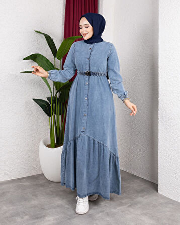 Kadın Düğmeli Kuşaklı Denim Kot Mavi Elbise