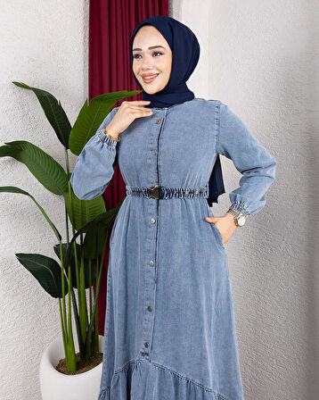 Kadın Düğmeli Kuşaklı Denim Kot Mavi Elbise
