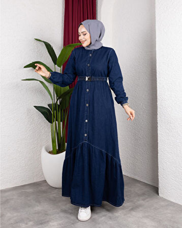 Kadın Düğmeli Kuşaklı Denim Koyu Kot Mavi Elbise