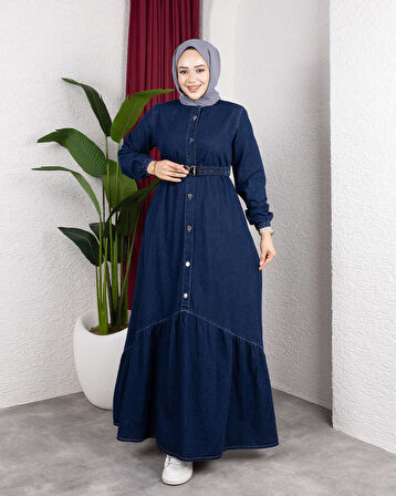 Kadın Düğmeli Kuşaklı Denim Koyu Kot Mavi Elbise