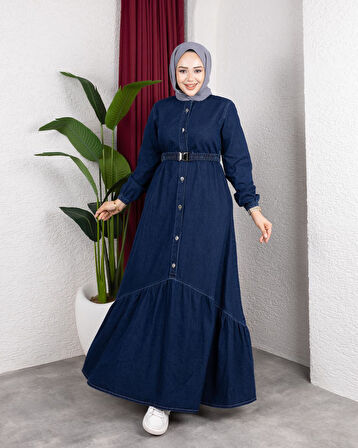 Kadın Düğmeli Kuşaklı Denim Koyu Kot Mavi Elbise