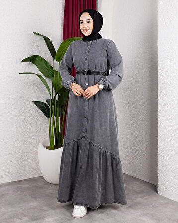 Kadın Düğmeli Kuşaklı Denim Koyu Gri Kot Elbise
