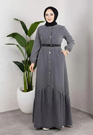 Kadın Düğmeli Kuşaklı Denim Koyu Gri Kot Elbise