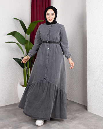 Kadın Düğmeli Kuşaklı Denim Koyu Gri Kot Elbise