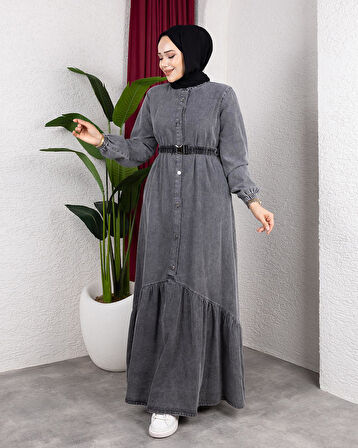 Kadın Düğmeli Kuşaklı Denim Koyu Gri Kot Elbise