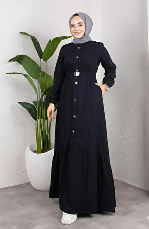Kadın Düğmeli Kuşaklı Denim Siyah Kot Elbise