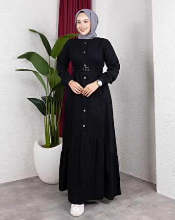 Kadın Düğmeli Kuşaklı Denim Siyah Kot Elbise