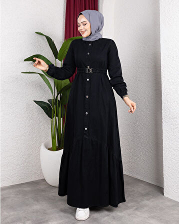 Kadın Düğmeli Kuşaklı Denim Siyah Kot Elbise