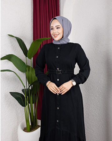 Kadın Düğmeli Kuşaklı Denim Siyah Kot Elbise