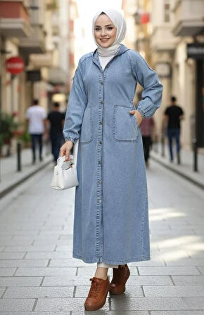 Kadın Düğmeli Kapüşonlu Cepli Kot Mavi Kap