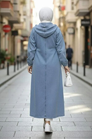 Kadın Düğmeli Kapüşonlu Cepli Kot Mavi Kap