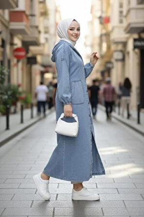 Kadın Düğmeli Kapüşonlu Cepli Kot Mavi Kap