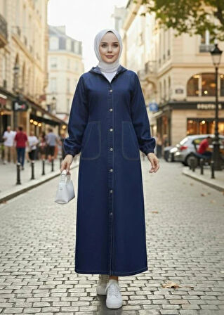 Kadın Düğmeli Kapüşonlu Cepli Kot Lacivert Kap