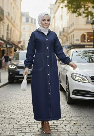 Kadın Düğmeli Kapüşonlu Cepli Kot Lacivert Kap