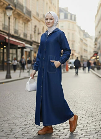 Kadın Düğmeli Kapüşonlu Cepli Kot Lacivert Kap