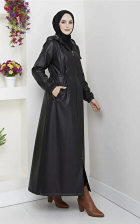 Kadın Kapüşonlu Fermuarlı İçi Şardonlu Siyah Deri Kap