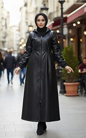 Kadın Kapüşonlu Fermuarlı İçi Şardonlu Siyah Deri Kap