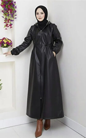 Kadın Kapüşonlu Fermuarlı İçi Şardonlu Siyah Deri Kap