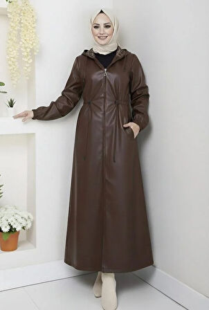 Kadın Kapüşonlu Fermuarlı İçi Şardonlu Kahverengi Deri Kap