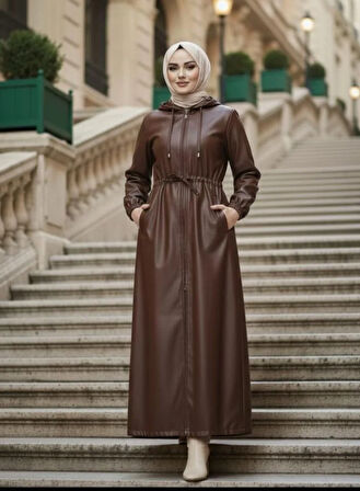 Kadın Kapüşonlu Fermuarlı İçi Şardonlu Kahverengi Deri Kap