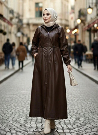 Kadın Kapüşonlu Fermuarlı İçi Şardonlu Kahverengi Deri Kap