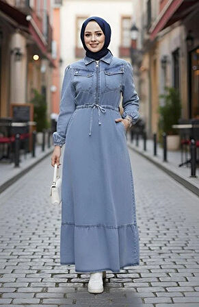 Kadın Cep Detaylı Fermuarlı Tesettür Mavi Kot Elbise