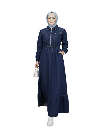 Kadın Cep Detaylı Fermuarlı Tesettür Lacivert Kot Elbise