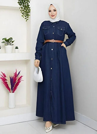 Kadın Düğmeli Kemerli Denim Lacivert Kot Elbise