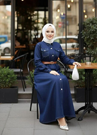 Kadın Düğmeli Kemerli Denim Lacivert Kot Elbise