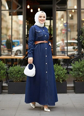 Kadın Düğmeli Kemerli Denim Lacivert Kot Elbise