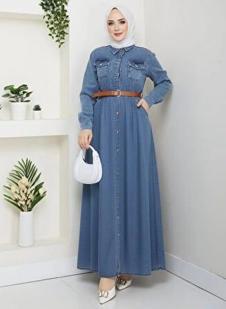 Kadın Düğmeli Kemerli Denim Kot Mavi Elbise