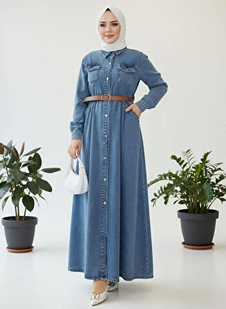 Kadın Düğmeli Kemerli Denim Kot Mavi Elbise