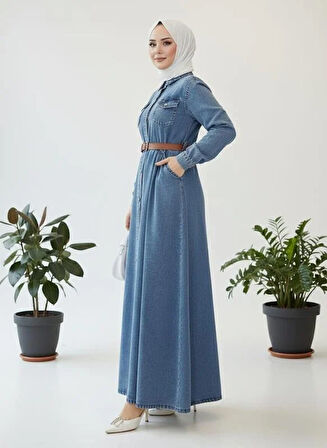 Kadın Düğmeli Kemerli Denim Kot Mavi Elbise