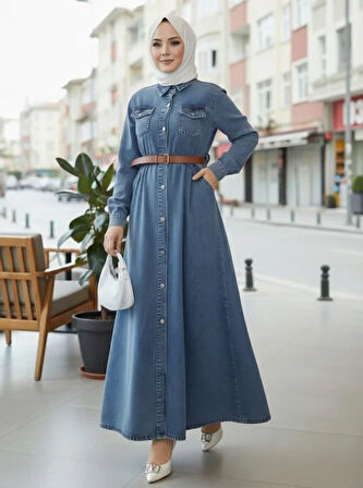 Kadın Düğmeli Kemerli Denim Kot Mavi Elbise