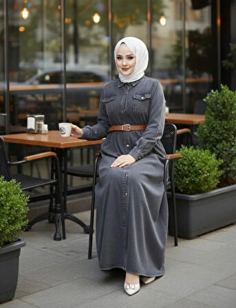 Kadın Düğmeli Kemerli Denim Kot Siyah Elbise