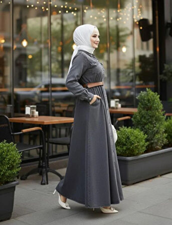 Kadın Düğmeli Kemerli Denim Kot Siyah Elbise