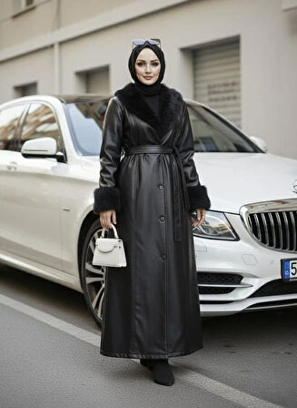 Kadın Yakası Tüylü Kuşaklı İçi Astarlı Tesettür Deri Siyah Kap