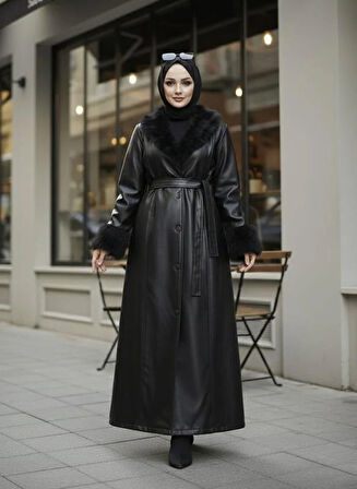 Kadın Yakası Tüylü Kuşaklı İçi Astarlı Tesettür Deri Siyah Kap