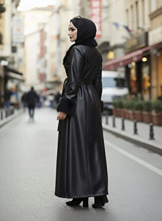 Kadın Yakası Tüylü Kuşaklı İçi Astarlı Tesettür Deri Siyah Kap