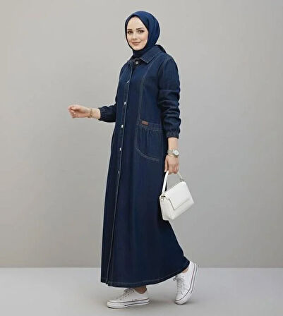 Kadın Düğmeli Cepli Kar Yıkamalı Denim Lacivert Kot Kap