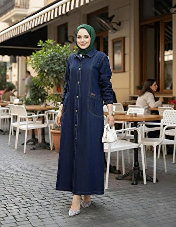 Kadın Düğmeli Cepli Kar Yıkamalı Denim Lacivert Kot Kap
