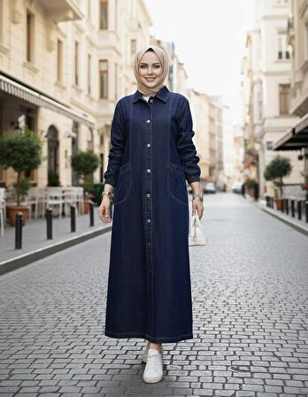 Kadın Düğmeli Cepli Kar Yıkamalı Denim Lacivert Kot Kap