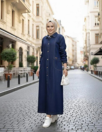 Kadın Düğmeli Cepli Kar Yıkamalı Denim Lacivert Kot Kap