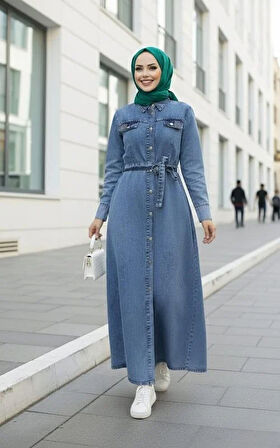 Kadın Boncuk İşlemeli Düğmeli Kuşaklı Kot Mavi Elbise