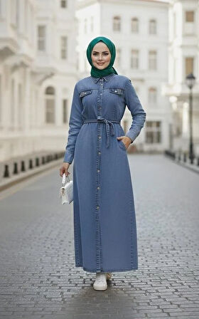Kadın Boncuk İşlemeli Düğmeli Kuşaklı Kot Mavi Elbise