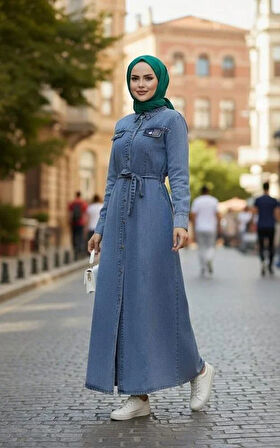 Kadın Boncuk İşlemeli Düğmeli Kuşaklı Kot Mavi Elbise