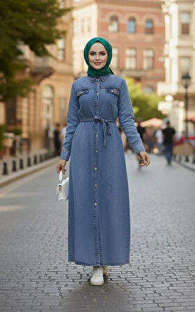 Kadın Boncuk İşlemeli Düğmeli Kuşaklı Kot Mavi Elbise