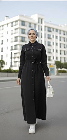 Kadın Boncuk İşlemeli Düğmeli Kuşaklı Siyah Kot Elbise